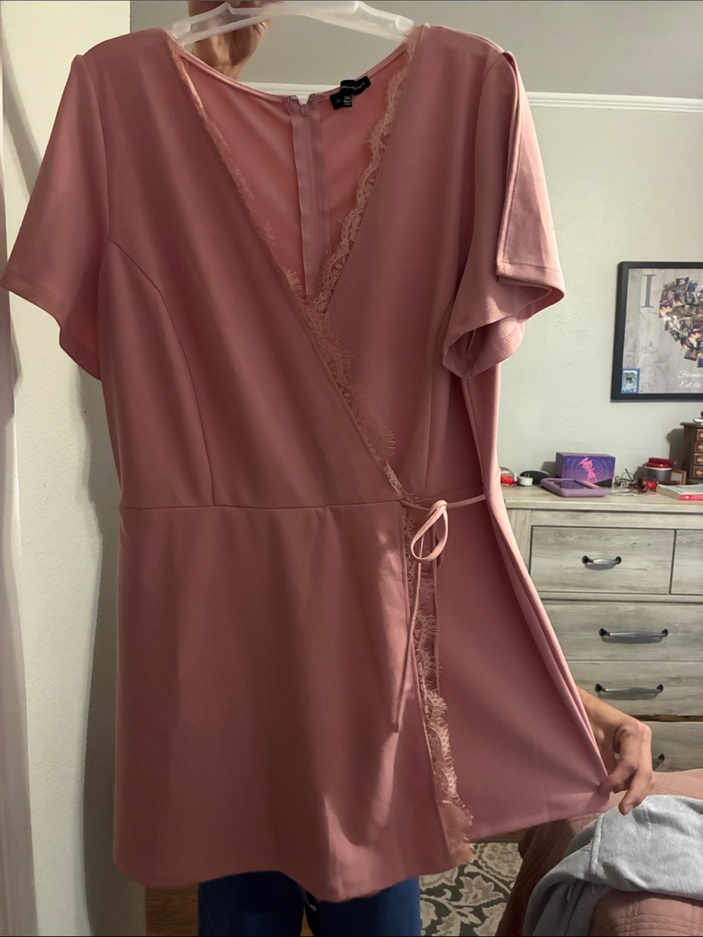 Mauve Lace-Trim Wrap Romper